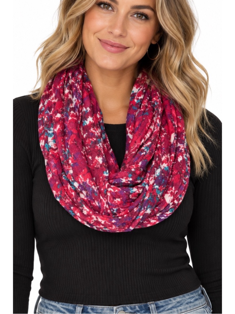 Beautiful red floral infinity scarf w/ a vibrant mix of red, magenta, purple